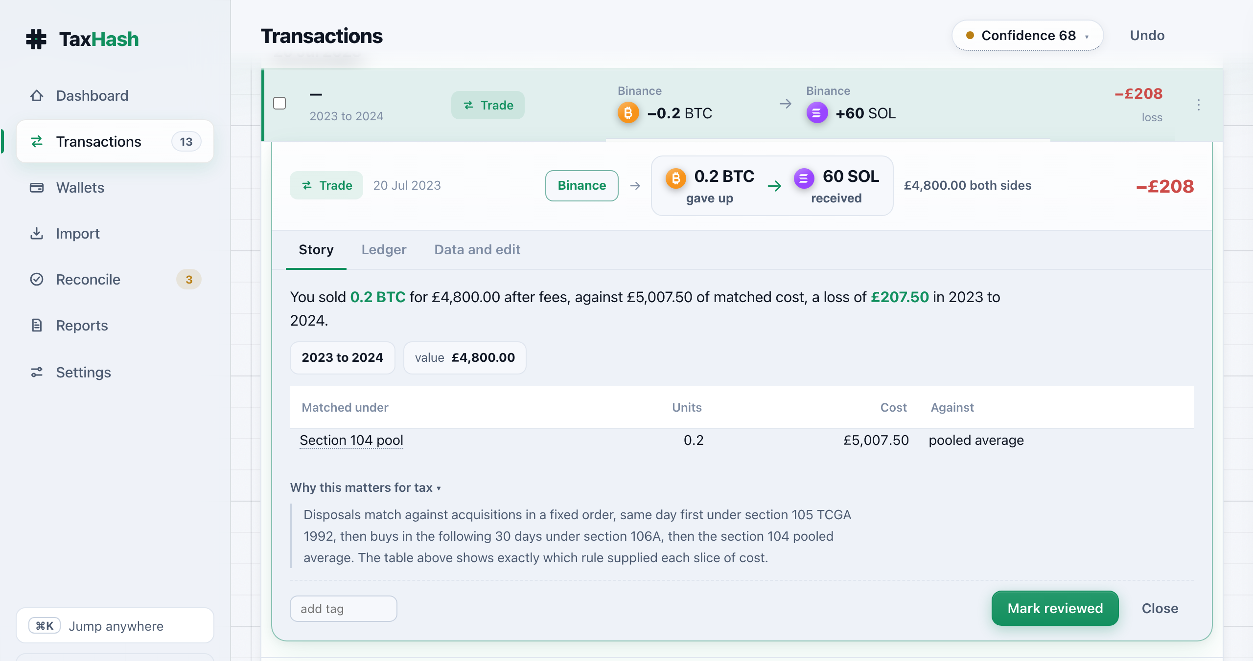 A disposal expanded in the app, 0.2 BTC matched against the section 104 pooled average, with the statutory matching order explained on the row
